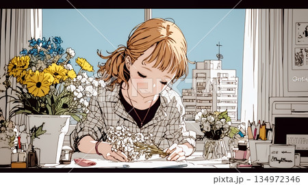 おもてなし（優しい心遣い）：来客のために花瓶に花を生ける若い女性