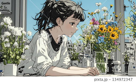 おもてなし（優しい心遣い）：来客のために花瓶に花を生ける若い女性