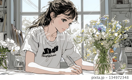 おもてなし（優しい心遣い）：来客のために花瓶に花を生ける若い女性