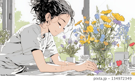 おもてなし（優しい心遣い）：来客のために花瓶に花を生ける若い女性