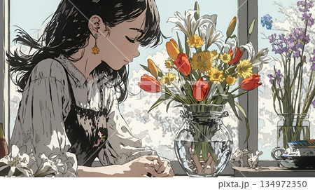 おもてなし（優しい心遣い）：来客のために花瓶に花を生ける若い女性