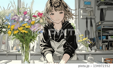 おもてなし（優しい心遣い）：来客のために花瓶に花を生ける若い女性