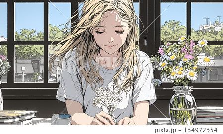 おもてなし（優しい心遣い）：来客のために花瓶に花を生ける若い女性