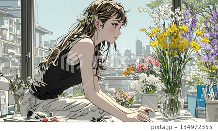 おもてなし（優しい心遣い）：来客のために花瓶に花を生ける若い女性