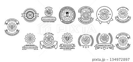A collection of badges with a variety of shapes and designs A collection of badges with a variety of shapes and designs 134972897