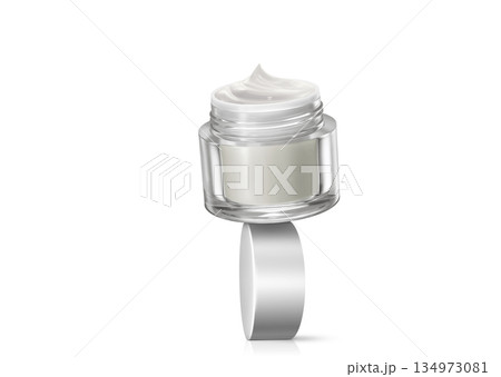 A bottle of skin cream, with its lid open, is placed on a white surface. A bottle of skin cream, with its lid open, is placed on a white surface. 134973081