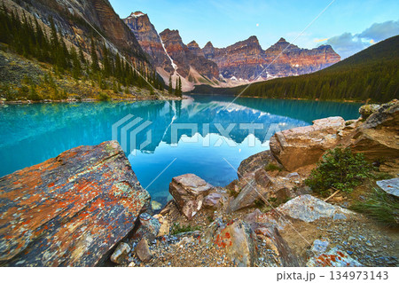 Lake Moraine Reflections Sunrise Rocky Mountains and Crystal Blue Water 134973143