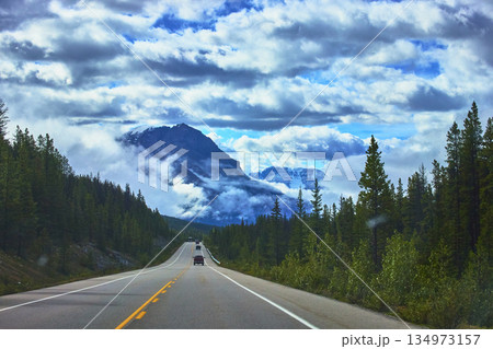 Highway Road Through Pine Forest With Dramatic Clouds And Snowy Mountain View Highway Road Through Pine Forest With Dramatic Clouds And Snowy Mountain View 134973157
