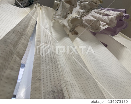 レースカーテンの裾に広がった黒カビのアップ 134973180