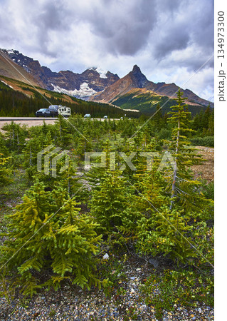 Glacier Mountain Landscape With Evergreen Trees and RV in Jasper Canada Glacier Mountain Landscape With Evergreen Trees and RV in Jasper Canada 134973300