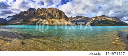 Bow Lake Panorama Turquoise Water and Majestic Mountain Landscape Canada 134973527