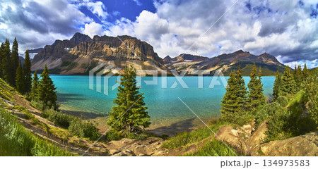 Panoramic View of Turquoise Bow Lake with Rocky Mountains and Evergreen Trees 134973583