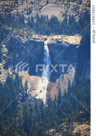 Yosemite Waterfall from Glacier Point with Granite Cliffs and Pine Forest Scenery 134973607