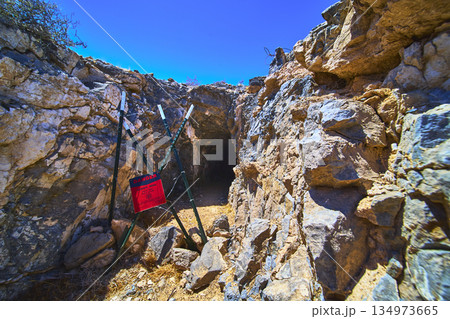 Abandoned Mine Entrance Rocky Desert Warning Sign Goodspring Nevada Abandoned Mine Entrance Rocky Desert Warning Sign Goodspring Nevada 134973665