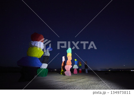 Seven Magic Mountains Colorful Rock Stacks Night Stars Nevada Desert Art Installation Seven Magic Mountains Colorful Rock Stacks Night Stars Nevada Desert Art Installation 134973811