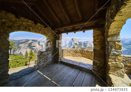 Half Dome View From Glacier Point Stone Building In Yosemite National Park Half Dome View From Glacier Point Stone Building In Yosemite National Park 134973935