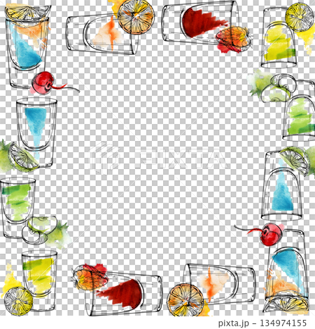 Bright layered shots in assorted colors. Flatliner, blue kamikaze, appletini, lemon, bloody Mary. Watercolor and ink border frame hand drawn for nightlife branding, bar posters, drink event invites. 134974155
