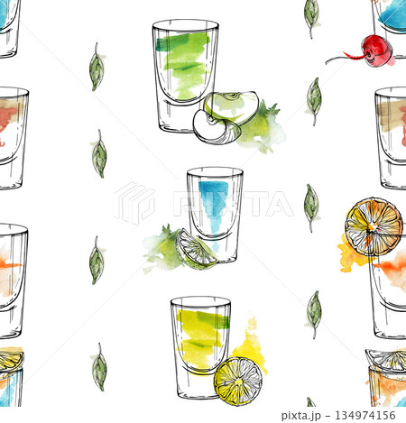 Lemon drop, Appletini or absinthe, electric Blue Kamikaze, Flatliner shots. Colorful mosaic of layered drink ink silhouettes on watercolor hand drawn for wallpaper, menu backgrounds, blog graphics. 134974156