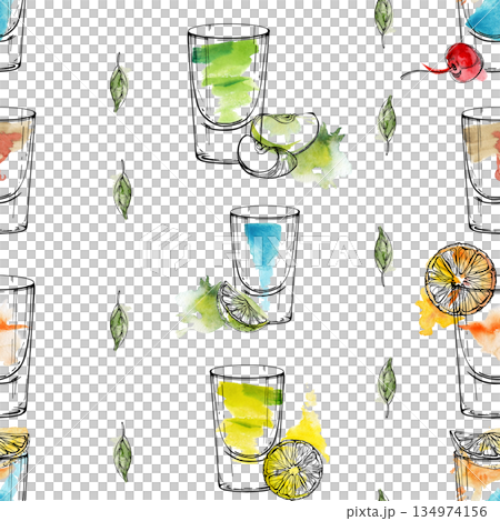 Lemon drop, Appletini or absinthe, electric Blue Kamikaze, Flatliner shots. Colorful mosaic of layered drink ink silhouettes on watercolor hand drawn for wallpaper, menu backgrounds, blog graphics. 134974156