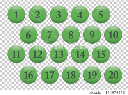 Set of three-dimensional green circle number icons. 1 to 20. Vector illustration on a white background. 134974356