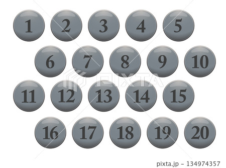 立体感のあるグレーの丸の数字アイコンセット。1〜20。白背景にベクターイラスト。 134974357