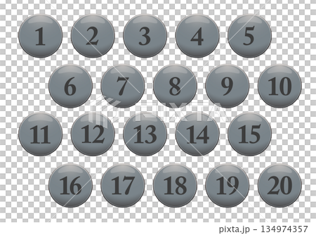 立体感のあるグレーの丸の数字アイコンセット。1〜20。白背景にベクターイラスト。 134974357