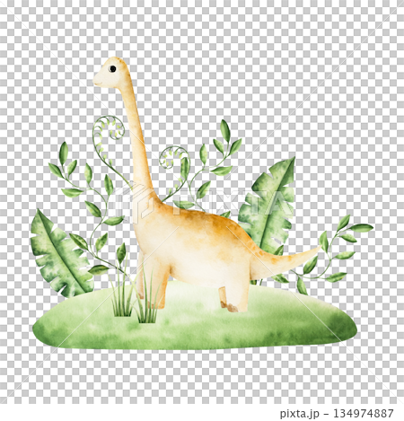 Cute dinosaur in tropical leaves. Watercolor hand drawn prehistoric diplodocus, Brachiosaurus animal. Isolated illustration on transparent background. Perfect for for nursery and baby shower, tropical 134974887