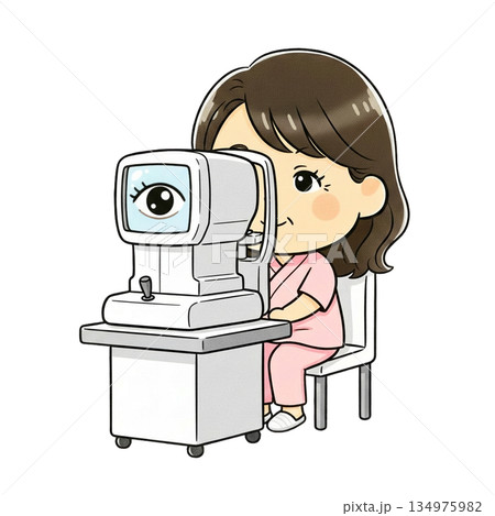 眼の機械検査を受ける女性のイラスト|眼底・眼圧診断のイメージ 眼の機械検査を受ける女性のイラスト|眼底・眼圧診断のイメージ 134975982