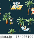 Seamless pattern with cute baby giraffe on striped hanging hammock with Green palm trees. Zebra with pineapple. Watercolor hand drawn elephant, floral jungle illustration isolated on background. For 134976109