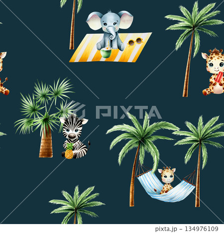Seamless pattern with cute baby giraffe on striped hanging hammock with Green palm trees. Zebra with pineapple. Watercolor hand drawn elephant, floral jungle illustration isolated on background. For 134976109