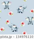 Seamless pattern with cute baby elephant play beach ball. Watercolor hand drawn safari sitting animal illustration isolated on background. For designers, postcards, greetings, birthday, calendar 134976110