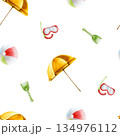 Seamless pattern with umbrella, beach ball, snorkel mask with tube for breathing, green plastic children's shovels. Watercolor hand drawn set of kids toy for the sandbox illustration isolated on 134976112