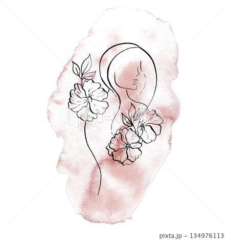 Elegant female face with delicate chrysanthemum, osteospermum, chamomile begonia, aster, eustoma, rosehip. Hand painted watercolor red background, linear contour flower isolated. Botanical, tattoo and 134976113