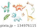 Cute dinosaur set, Tropical leafs, bones. Watercolor hand drawn prehistoric triceratops, diplodocus,Spinosaurus, Brachiosaurus animal. Isolated illustration on transparent background. Perfect for for 134976115