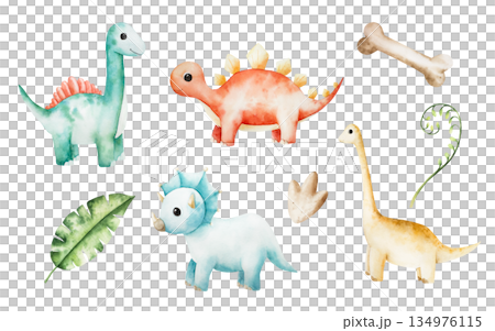 Cute dinosaur set, Tropical leafs, bones. Watercolor hand drawn prehistoric triceratops, diplodocus,Spinosaurus, Brachiosaurus animal. Isolated illustration on transparent background. Perfect for for 134976115