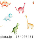 Seamless pattern with cute dinosaur. Watercolor hand drawn prehistoric triceratops, diplodocus,Spinosaurus, Brachiosaurus animal. Isolated illustration on transparent background. Perfect for for 134976431
