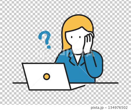 A woman in a suit operating a laptop - thinking/doubting - color 134976502