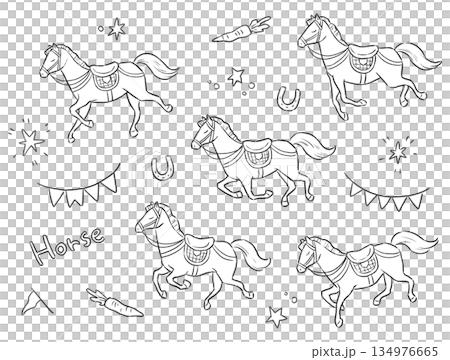 可愛い馬の動物イラスト 走る姿と蹄鉄・ガーランドの手描きセット/白塗りあり 134976665