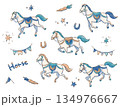 馬のイラストセット 走る姿と北欧風飾りの水彩風手描きカラー素材 134976667