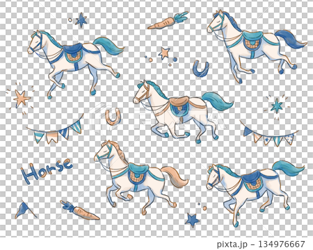 馬のイラストセット 走る姿と北欧風飾りの水彩風手描きカラー素材 馬のイラストセット 走る姿と北欧風飾りの水彩風手描きカラー素材 134976667
