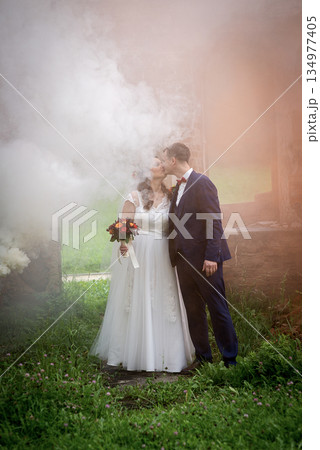 Young Wedding Couple Kissing Inside Color Smoke 134977405