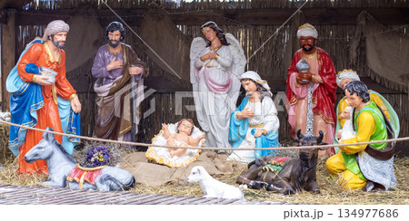 Nativity scene with baby Jesus Mary Joseph angels and wise men in a festive stable display Nativity scene with baby Jesus Mary Joseph angels and wise men in a festive stable display 134977686