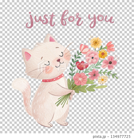 Cute kitten holding a pastel pink flower bouquet soft watercolor illustration 134977725