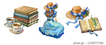 Watercolor cottagecore set with vintage books, floral teacups, a girl in a blue dress, a straw hat with daisies, and an open herbarium book. Ideal for stationery, branding, packaging, invitations. Watercolor cottagecore set with vintage books, floral teacups, a girl in a blue dress, a straw hat with daisies, and an open herbarium book. Ideal for stationery, branding, packaging, invitations. 134977780