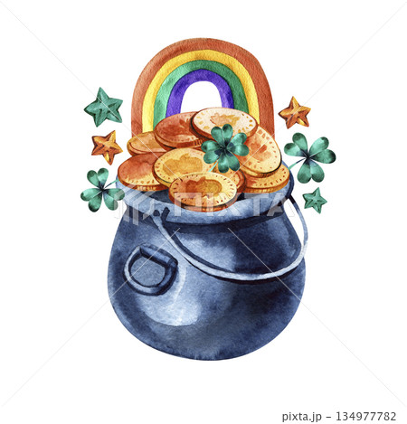 Festive watercolor illustration of a black pot filled with golden coins, decorated with a rainbow, lucky clovers, and stars. A magical hand-painted symbol of fortune for St. Patrick's Day. Festive watercolor illustration of a black pot filled with golden coins, decorated with a rainbow, lucky clovers, and stars. A magical hand-painted symbol of fortune for St. Patrick's Day. 134977782