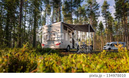 Family vacation travel RV, holiday trip in motorhome, Caravan car Vacation. Beautiful Nature Norway. Family vacation travel RV, holiday trip in motorhome, Caravan car Vacation. Beautiful Nature Norway. 134978010
