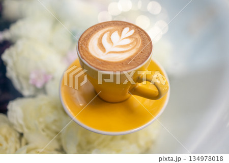 Top view of hot cappuccino, focus selective Top view of hot cappuccino, focus selective 134978018