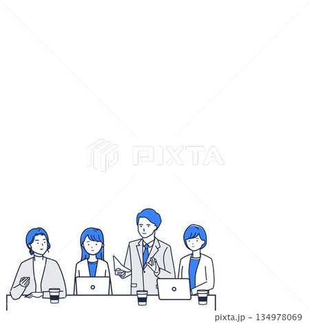 余白のあるノートパソコンとコーヒーがある会議のビジネスチームのイラスト 134978069