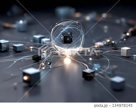 データキューブを核にした発光オーブの未来的CG表現 134978145