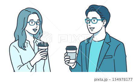 コーヒーを飲みながら会話する男女のビジネスコミュニケーションイラスト 134978177